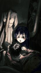 Rule 34 | 1other, 2girls, anatomical nonsense, black hair, blue hair, body horror, breasts, crazy grin, creepy mita (miside), expressionless, green eyes, hashtag-only commentary, highres, holding, holding knife, horror (theme), knife, long sleeves, looking at viewer, medium breasts, medium hair, miside, mita (miside), multiple girls, shenyuan ren, shirt, short hair, skirt, white shirt, white skirt