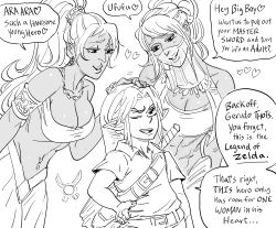1boy 2girls abs age_difference ara_ara armlet bad_id bare_shoulders bb_(baalbuddy) belt belt_bra breasts character_request chest_belt child cleavage commentary dark-skinned_female dark_skin english_commentary english_text euphemism fairy gerudo greyscale hand_on_own_hip hat head_tilt heart height_difference high_ponytail highres inactive_account jewelry large_breasts leaning_forward link long_hair monochrome mouth_veil multiple_girls navel navel_piercing navi necklace nintendo one_eye_closed piercing pointy_ears ponytail shirt short_sleeves shota simple_background smile smug spoken_heart sword sword_on_back the_legend_of_zelda veil weapon weapon_on_back white_background young_link
