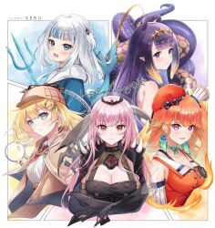 5girls :d beret blonde_hair blue_eyes blue_hair bow breasts cape choker cleavage closed_mouth earrings feather_earrings feathers fire gawr_gura gawr_gura_(1st_costume) hair_ornament halo hat hat_bow hololive hololive_english holomyth jacket jewelry large_breasts magnifying_glass mole mole_under_eye mori_calliope mori_calliope_(1st_costume) multicolored_hair multiple_girls necktie ninomae_ina&#039;nis ninomae_ina&#039;nis_(1st_costume) open_mouth orange_hair pink_hair polearm purple_eyes purple_hair red_eyes red_necktie sebu_illust shirt smile spikes streaked_hair takanashi_kiara takanashi_kiara_(1st_costume) tentacle_hair tentacles tiara trident upper_body vest virtual_youtuber watson_amelia watson_amelia_(1st_costume) weapon white_hair