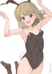Rule 34 | 1girl, animal ears, arms up, bare arms, bare shoulders, black leotard, blue eyes, blush, breasts, brown hair, collarbone, covered navel, ebifu, fake animal ears, fake tail, highres, idolmaster, idolmaster million live!, legs up, leotard, looking at viewer, open mouth, playboy bunny, rabbit ears, rabbit pose, rabbit tail, short hair, simple background, small breasts, smile, solo, strapless, strapless leotard, suou momoko, tail, white background