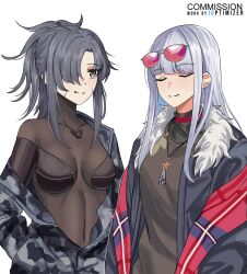 2girls ak-12_(faint_light_of_furthest_day)_(girls&#039;_frontline) ak-12_(girls&#039;_frontline) angelia_(girls&#039;_frontline) artist_name black_hair black_jacket black_shirt bodystocking camouflage camouflage_jacket closed_eyes commentary commission cosplay costume_switch covered_navel english_commentary eyewear_on_head fur-trimmed_jacket fur_trim girls&#039;_frontline grey_background grey_eyes grey_hair hair_over_one_eye hands_in_hair highres io_troublemaker jacket long_hair multiple_girls open_clothes open_jacket pink-tinted_eyewear ponytail scarf shirt sidelocks simple_background smile t-shirt tinted_eyewear upper_body