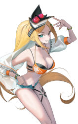 1girl absurdres aqua_eyes bare_shoulders bikini black_bikini black_survival blonde_hair bracelet breasts cleavage double_bikini eternal_return:_black_survival eyewear_on_head gani1127 grin hair_ornament hairclip hand_on_own_hip highres jacket jewelry large_breasts long_hair looking_at_viewer navel ponytail shorts simple_background smile solo sunglasses swimsuit variant_set very_long_hair visor_cap white_background