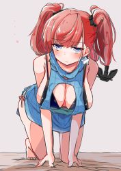 1girl all_fours anchor_hair_ornament atlanta_(kancolle) barefoot bikini black_bikini blue_sweater breasts brown_hair commentary_request grey_eyes hair_ornament highres kantai_collection komb large_breasts long_hair meme_attire open-chest_sweater ribbed_sweater sleeveless sleeveless_sweater solo sweater swimsuit two_side_up