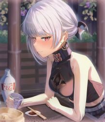 1girl black_shirt blush breasts chopsticks closed_mouth commentary_request crop_top cup earrings grey_hair highres holding holding_cup jewelry looking_at_viewer medium_breasts mole mole_under_mouth purufa red_eyes sanhua_(wuthering_waves) shirt short_hair sleeveless sleeveless_shirt smile solo wuthering_waves