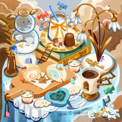 angel_wings artist_name bee bird blue_bow blue_flower book bow bug candy cloud coffee cookie cup drinking_straw english_text feathers flower food food_focus glass halo heart insect issiki_toaki jar ladder mug no_humans open_book original plate quill red_bow ribbon solid_circle_eyes spoon sugar_cube table white_flower white_wings wings