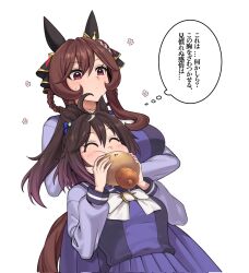 2girls ahoge animal_ears blue_bow bow bowtie braid braided_hair_rings bread brown_hair carrot cheek_bulge commentary_request deep_impact_(racehorse) ear_bow ear_covers ear_ornament eating food fukuro_(maruaru00) genderswap genderswap_(mtf) gentildonna_(umamusume) hair_rings half_updo highres holding holding_food horse_ears horse_girl horse_tail long_hair long_sleeves multicolored_hair multiple_girls original personification pleated_skirt purple_sailor_collar purple_shirt purple_skirt red_eyes sailor_collar school_uniform shirt sidelocks skirt speech_bubble streaked_hair tail thought_bubble tracen_school_uniform translation_request umamusume white_bow white_bowtie winter_uniform