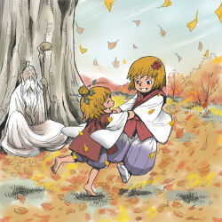 Rule 34 | 1boy, 2girls, aged down, aki minoriko, aki shizuha, alternate costume, autumn, autumn leaves, barefoot, beard, black eyes, blonde hair, cane, closed eyes, commentary request, dancing, facial hair, falling leaves, full body, hair ornament, hakama, hakama pants, holding, holding cane, japanese clothes, leaf, leaf hair ornament, looking at another, multiple girls, old, old man, onikobe rin, open mouth, pants, purple pants, red vest, shirt, short hair, siblings, sisters, smile, socks, tabi, touhou, tree, vest, white shirt, white socks