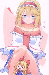 ! 1girl adapted_costume alice_margatroid apron blonde_hair blue_dress blue_eyes blush bow capelet closed_mouth collarbone commentary convenient_censoring doll dondyuruma dress frilled_hairband frills hair_bow hairband highres lolita_hairband long_hair long_sleeves looking_at_viewer necktie off_shoulder open_mouth red_bow red_hairband red_necktie redrawn shanghai_doll sitting smile solo sweatdrop touhou very_long_hair waist_apron white_apron white_capelet |_|
