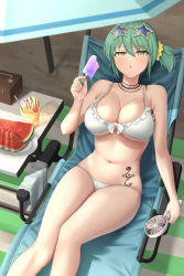 1girl bikini breasts chair cleavage fan food fruit green_hair highres hikage_(senran_kagura) ice_cream popsicle senran_kagura short_hair side_ponytail sitting star-shaped_glasses star_(symbol) sunglasses swimsuit tattoo watermelon zib_(boriku)
