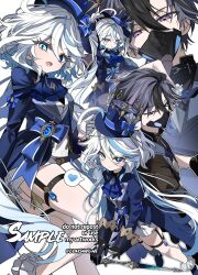 1boy 1girl absurdres ahoge ascot black_gloves black_hair blue_eyes blue_hair blue_jacket character_request chu_yeon frilled_thigh_strap furina_(genshin_impact) genshin_impact gloves hair_between_eyes hat heterochromia highres jacket long_hair long_sleeves looking_at_viewer mask mouth_mask multicolored_hair open_mouth purple_eyes short_hair smile streaked_hair sword symbol-shaped_pupils thigh_strap top_hat unusual_pupils weapon white_gloves white_hair