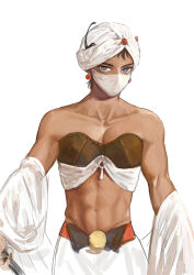 1boy abs bare_shoulders blue_eyes bra brown_bra brown_hair cowboy_shot dark-skinned_male dark_skin earrings final_fantasy final_fantasy_ii forehead_jewel gem highres jewelry long_skirt male_focus mask minwu mouth_mask muscular muscular_male navel pectoral_cleavage pectorals red_gemstone shawl short_hair simple_background skirt sphere_earrings tokumei_wombat turban underwear white_background white_mask white_shawl white_skirt white_turban