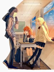 1boy 2girls ahoge alternate_costume arm_rest artoria_caster_(fate) artoria_pendragon_(fate) bag black_footwear black_hair blazer blonde_hair blue_bag bow bowtie chair classroom closed_eyes collared_shirt desk fate/grand_order fate_(series) fujimaru_ritsuka_(female) hair_ornament hair_scrunchie head_rest highres holding holding_bag indoors jacket loafers long_sleeves loose_socks low_twintails medium_hair multiple_girls nagatsuki_(huwamo9_8ku) oberon_(fate) oberon_(third_ascension)_(fate) official_alternate_costume one_side_up open_mouth pants pleated_skirt school school_bag school_chair school_desk school_uniform scrunchie shirt shoes sidelocks sitting skirt smile socks standing sunset sweater thighhighs twintails v-neck white_shirt white_socks window yakudo_trio