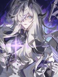 Rule 34 | 1girl, absurdres, arknights, aura, black horns, black shirt, blue eyes, chinese commentary, commentary request, diffraction spikes, dress, energy, gloves, grey gloves, grey hair, hair over one eye, highres, holding, horns, kong ming kmmo, long hair, long sleeves, necrass (arknights), one eye covered, shirt, sketch, solo, upper body, white dress
