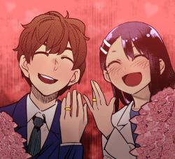 1boy 1girl 774_(nanashi) abstract_background blush capitolmaster closed_eyes colorized flower hachiouji_naoto hair_ornament highres husband_and_wife ijiranaide_nagatoro-san jewelry married nagatoro_hayase open_mouth red_background ring rose third-party_edit wedding_band wedding_ring
