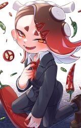 1girl adjusting_clothes alternate_color alternate_costume amakusa_setoka chili_pepper formal_clothes hair_ornament hairclip highres licking_lips looking_at_viewer necktie nintendo pillow shiver_(splatoon) solo splatoon_(series) splatoon_3 suit tongue tongue_out