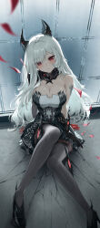 1girl 4meart0112 absurdres berenica_(duet_night_abyss) black_dress black_horns black_shoes blush breasts cleavage closed_mouth commentary dress duet_night_abyss grey_pantyhose head_tilt high_heels highres horns large_breasts long_hair looking_at_viewer pantyhose red_eyes shoes solo strapless strapless_dress white_dress white_hair