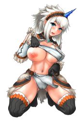1girl armor breasts cameltoe clothes_lift fur_trim gloves greaves hairband horn kirin_(armor) midriff monster_hunter_(series) navel nipples panties pelvic_curtain pelvic_curtain_lift strapless thighhighs thighs tube_top underwear vest white_hair