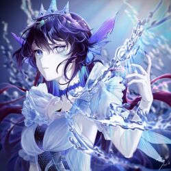 Rule 34 | 1girl, absurdres, air bubble, black hair, blue eyes, bubble, crown, dress, elbow gloves, fins, frilled dress, frills, gloves, hair ornament, head fins, highres, jewelry, long hair, original, parted lips, sang sha, spine, stitched leg, stitches, underwater, upper body, water, white dress, white gloves