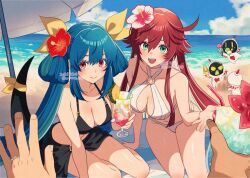 2girls arm_support bare_shoulders beach bikini black_bikini blue_hair blue_sky blush breasts cleavage cloud collarbone cup dizzy_(guilty_gear) drink drinking_straw food green_eyes guilty_gear guilty_gear_strive hair_between_eyes hair_rings holding holding_cup ice_cream jack-o&#039;_valentine jewelry large_breasts long_hair mother_and_daughter multiple_girls navel o-ring o-ring_bikini o-ring_top ocean open_mouth pov pov_hands red_eyes red_hair ribbon ring sand_castle sand_sculpture sidelocks sky smile swimsuit tail tail_ornament tail_ribbon twitter_username umbrella ume_(okum_00) white_bikini