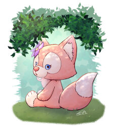 1girl animal_ears animification duffy_and_friends fox fox_girl furry furry_female highres linabell looking_at_viewer no_humans pink_fur smile solo standing stuffed_animal stuffed_toy user_cwvk5558