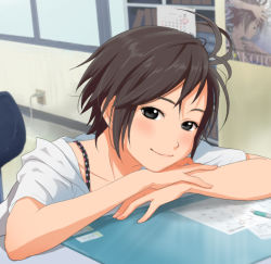 Rule 34 | 10s, 1girl, antenna hair, black eyes, black hair, female focus, head rest, idolmaster, idolmaster (classic), idolmaster 2, kikuchi makoto, short hair, smile, solo, yachiwo