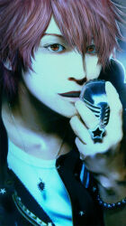 1boy asian back bead_bracelet beads bracelet commentary_request holding holding_microphone ittoki_otoya jewelry male_focus microphone necklace parted_lips portrait realistic red_eyes red_hair ring solo star_(symbol) uta_no_prince-sama wankai