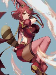 1girl aegis_sword_(xenoblade) animal_ears artist_name blue_background breasts brown_pantyhose brown_tail closed_mouth commentary_request dated fingerless_gloves fire gloves hair_between_eyes highres holding holding_sword holding_weapon impossible_clothes kemonomimi_mode large_breasts looking_at_viewer mario_(series) nintendo pantyhose pantyhose_under_shorts pink_thighhighs pyra_(xenoblade) raccoon_ears raccoon_girl red_eyes red_gloves red_hair red_shoes shoes short_hair short_shorts short_sleeves shorts simple_background smile solo super_leaf_(transformation) super_smash_bros. sword thighhighs tiara weapon xenoblade_chronicles_(series) xenoblade_chronicles_2 yamamori_kinako