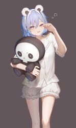 1girl alternate_costume animal_ear_hairband animal_ears blue_hair cowboy_shot fake_animal_ears frilled_pajamas frills gradient_eyes grey_background grey_eyes hair_between_eyes hairband highres holding holding_stuffed_toy looking_at_viewer medium_hair mizu_(sui) multicolored_eyes open_mouth pajamas parted_bangs puffy_shorts rubbing_eyes short_sleeves shorts simple_background solo squeans stuffed_toy virtual_youtuber vspo! white_pajamas yano_kuromu