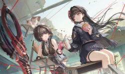 2girls abby_(wuthering_waves) arm_cutout bare_shoulders black_choker black_dress black_gloves black_hair black_shirt black_skirt breasts burger can chair chisa_(wuthering_waves) choker chromatic_aberration classroom closed_mouth commentary_request cross-laced_clothes cross-laced_dress cup desk disposable_cup dress drink_can drinking_straw earrings elbow_pads female_rover_(wuthering_waves) food gloves hair_ribbon highres holding holding_burger holding_can holding_cup holding_food jewelry large_breasts long_hair long_sleeves looking_at_another multiple_girls neckerchief on_desk paserin_ekaku red_eyes red_neckerchief red_ribbon ribbon rover_(wuthering_waves) ruins sailor_collar school_chair school_desk shirt sitting skirt sleeveless sleeveless_dress smile sword thighs toasting_(gesture) triangle_earrings very_long_hair weapon white_sailor_collar wuthering_waves yellow_eyes