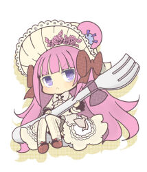 Rule 34 | 1girl, annoyed, bear girl, chibi, dress, dumpty alma, emil chronicle online, fork, hair ribbon, hat, holding, holding fork, homurabi, jitome, long hair, purple eyes, purple hair, purple ribbon, ribbon, sitting, thighhighs, white dress, white hat, white thighhighs