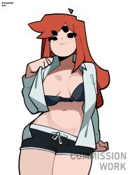absurdres bra commission freckles glasses highres red_hair ryu_(ryuwanshoy) shorts siri_jay unbuttoned unbuttoned_shirt underwear