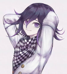 1boy arm_belt arms_behind_head buttons checkered_clothes checkered_scarf danganronpa_(series) danganronpa_v3:_killing_harmony flipped_hair from_side hair_between_eyes highres inukai_(inuuowoukai) long_sleeves looking_at_viewer male_focus medium_hair multicolored_buttons oma_kokichi pale_skin purple_eyes purple_hair ringed_eyes scarf simple_background smile solo twitter_username two-tone_scarf upper_body white_background