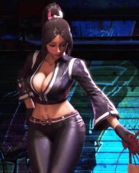 1girl animated animated_gif ass black_jacket black_pants breasts brown_eyes brown_hair cleavage cropped_jacket fatal_fury fatal_fury:_city_of_the_wolves female_focus folding_fan game_screenshot hand_fan hand_on_own_hip holding holding_fan jacket large_breasts leather leather_jacket leather_pants long_hair matching_hair/eyes midriff multiple_views navel pants ponytail puckered_lips shiranui_mai sideboob snk solo street_fighter street_fighter_6 toned turnaround