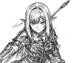 Rule 34 | 1girl, armor, asymmetrical bangs, breasts, character name, closed mouth, graphicthereal, greyscale, hair intakes, long hair, looking at viewer, medium breasts, monochrome, original, parted bangs, pauldrons, pointy ears, polearm, shoulder armor, simple background, smile, solo, weapon, white background
