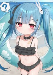 1girl ? absurdres bandaid beach bikini black_bikini black_bow black_collar blue_hair blue_sky blush bow breasts closed_mouth collar collarbone commentary_request day ear_piercing earrings frilled_bikini frills groin hair_bow hair_ornament hairclip highres holding holding_swim_ring horizon innertube jewelry kanae_(tsukiman) looking_at_viewer navel ocean original outdoors piercing rabbit_hair_ornament red_eyes sand sky small_breasts solo spoken_question_mark standing sunlight swim_ring swimsuit thigh_gap tsukiman twintails water