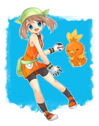 1girl :d bandana bike_shorts black_socks blackspade blue_eyes brown_hair commentary_request dress fang fanny_pack gen_3_pokemon gloves green_bag green_bandana happy holding holding_poke_ball may_(pokemon) nintendo open_mouth orange_dress orange_shoes outline poke_ball pokemon pokemon_(creature) pokemon_emerald pokemon_rse premier_ball shoes short_dress smile socks tongue torchic white_gloves