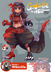 Rule 34 | 2girls, abs, absurdres, asymmetrical clothes, asymmetrical gloves, asymmetrical legwear, baggy pants, black hair, braid, braided bangs, breasts, brown hair, building, chain, claws, cosplay, english text, flying, genderswap, genderswap (mtf), gloves, godzilla, godzilla (cosplay), godzilla (series), godzilla in hell, grey eyes, grey hair, halo, harumakoto47, head wings, headband, hellbat (godzilla), heterochromia, highres, humanization, idw publishing, japanese text, jewelry, kaiju, long hair, medium breasts, midriff, monster girl, mountain, multicolored hair, multiple girls, necklace, no pupils, pants, paper, personification, red eyes, red hair, red halo, red pupils, revealing clothes, scar, scar on arm, scar on breasts, scar on chest, scar on face, scar on stomach, short hair, shrine, sideboob, silhouette, spikes, swarm, tail, toho, torii, transformation, wings, yellow eyes