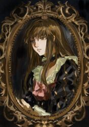 Rule 34 | 1other, ashashio, beatrice (umineko), beatrice (umineko) (cosplay), black dress, bow, bowtie, brown eyes, brown hair, choker, cosplay, dress, frilled choker, frills, highres, light smile, long hair, long sleeves, other focus, picture frame, portrait (object), red bow, red bowtie, umineko no naku koro ni, yasu (umineko)