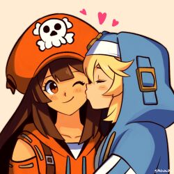 1boy 1girl absurdres blonde_hair bridget_(guilty_gear) brown_eyes brown_hair closed_eyes collarbone commentary guilty_gear guilty_gear_strive hat heart hetero highres kiss kissing_cheek long_hair may_(guilty_gear) one_eye_closed orange_hat simple_background smgold
