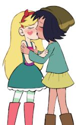 2015 2girls black_hair blonde_hair boots facial_tattoo hat janna_ordonia kiss loli looking_at_another lowres multiple_girls non-web_source open_mouth standing star_butterfly star_vs_the_forces_of_evil tattoo ueda_kana yuri