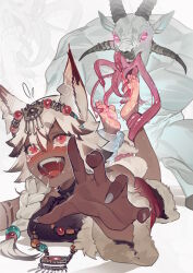 1girl absurdres animal_ears ankle_grab barefoot blush braid breast_press colored_tips dark-skinned_female dark_skin ear_blush fangs fingernails flying_sweatdrops fur_trim goat grey_hair hair_bobbles hair_ornament hairband highres jewelry light-skinned_soles long_fingernails long_hair lying medium_hair monster multicolored_hair necklace nose_blush on_side open_mouth original outstretched_arm prisoners_book_(artist) red_eyes restrained saliva saliva_trail short_eyebrows side_braid sweat tail tail_grab tearing_up tentacle_tongue tickle_torture tickling tickling_feet toes twintails white_nails