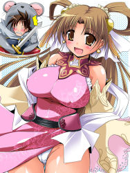 blush breasts brown_eyes brown_hair china_dress chinese_clothes dress dual_beat covered_erect_nipples fang large_breasts long_hair panties underwear yukitaka