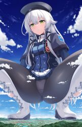 1girl absurdres altina_orion beret black_hat black_pantyhose boots eiyuu_densetsu giant giantess green_eyes hair_between_eyes hair_flaps hat highres kashiwa710710 knee_boots lace-up_boots long_hair long_sleeves miniskirt paid_reward_available panties panties_under_pantyhose pantyhose pleated_skirt sen_no_kiseki_(series) sen_no_kiseki_i skirt solo squatting thors_military_academy_branch_campus_uniform underwear very_long_hair white_boots white_hair white_skirt