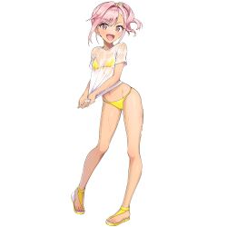 1girl :d bikini dolphin_wave fang flat_chest game_cg hair_bobbles hair_intakes hair_ornament highres light_blush looking_at_viewer medium_hair navel non-web_source official_art ootomo_takuji open_mouth pink_eyes pink_hair sandals see-through_clothes see-through_shirt shirt side_ponytail smile solo swimsuit transparent_background urami_kana wet wet_clothes wet_shirt white_shirt wringing_clothes yellow_bikini yellow_sandals