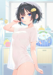 1girl arisugawa_riu black_hair blue_eyes bottomless brushing_teeth from_side hair_intakes head_tilt highres holding holding_toothbrush indoors looking_at_viewer no_bra original rebun shirt short_hair short_sleeves standing stuffed_toy t-shirt toothbrush white_shirt window