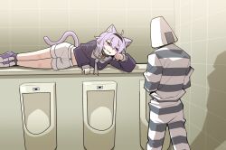 1girl ahoge animal_ears cat_ears cat_tail cocomayo29_(tomato) fang hairband highres hololive implied_peeing lying midriff navel nekomata_okayu nekomata_okayu_(casual) on_side onigirya_(nekomata_okayu) parody photo-referenced prison_clothes purple_eyes purple_hair sailor_collar shorts staring tail toilet urinal virtual_youtuber