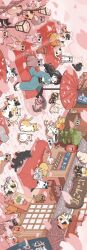 1girl aqua_kimono architecture artist_name bengal_cat black_cat black_eyes black_hair black_sandals black_sash brown_cat building calico_(pattern) calico_cat camouflage cat cat_stretch cherry_blossoms colorpoint commentary dango east_asian_architecture eating exif_rotation falling_petals fish flower food green_cat grey_cat hair_flower hair_ornament half-closed_eyes highres holding holding_food iguana_taisa japanese_clothes kimono lamp lantern long_hair looking_at_another looking_at_viewer looking_up obi oil-paper_umbrella on_roof open_mouth orange_cat original outdoors paper_lantern parasol petals pink_flower pink_petals plant potted_plant railing rotated sandals sanshoku_dango sash shop shouji sitting sleeping sliding_doors smile standing stretching table third-party_edit too_many too_many_cats translated umbrella wagashi watermark whiskers white_cat wide_sleeves zouri