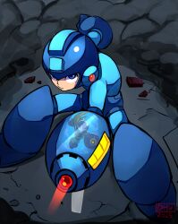 2boys absurdres arm_cannon armor battle blue_armor blue_bodysuit blue_eyes bodysuit break_man danyhu16 full_body highres light_trail mega_man_(character) mega_man_(classic) mega_man_(series) multiple_boys reflection solo_focus standing weapon