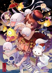 2girls :&lt; :p ^_^ artist_name baby_animal barefoot bird black_eyes black_hat black_skirt buck_teeth chibi child chinese_clothes chouchin_obake closed_eyes closed_mouth commentary crow feet fire floating fox frilled_skirt frills gashadokuro ghost hat highres hitodama horns hug ittan_momen japanese_clothes jiangshi kitsune kuroda_(kuro_yyy) lantern looking_at_viewer multiple_girls nurikabe ofuda one-eyed one_eye_closed oni open_mouth original paper paper_lantern pom_pom_(clothes) qingdai_guanmao red_shirt rei_(kuroda_(kuro_yyy)) rokurokubi shirt signature skin-covered_horns skirt skull smile stitched_mouth stitches tate_eboshi teeth tengu toes tongue tongue_out traditional_youkai translated tsukumogami