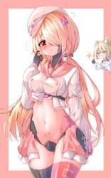 2girls alternate_costume blonde_hair breasts cowboy_shot crop_top embarrassed hand_up hat highres ling_yi_i long_hair looking_at_viewer low_twintails medium_breasts miniskirt multiple_girls navel nemesis_(tower_of_fantasy) pleated_skirt prosthesis prosthetic_hand red_eyes sailor_collar school_uniform serafuku shelly_(tower_of_fantasy) shirt showgirl_skirt skirt solo_focus stomach thighhighs tower_of_fantasy twintails very_long_hair white_headwear white_shirt